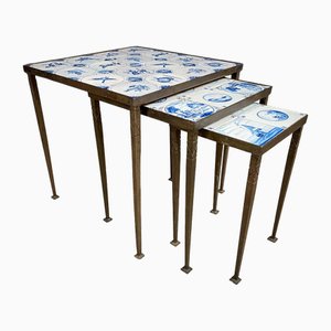 Mid-Century Nesting Tables with Delft Blue Tile Tops, Set of 3