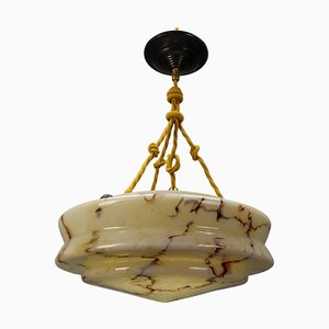Art Deco Marbled Amber Glass and Brass Pendant Light, 1930s