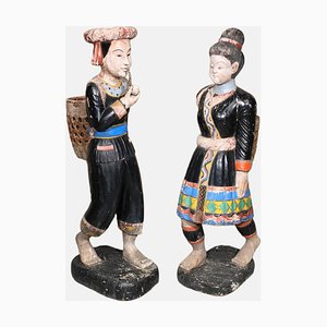 Grands Fermiers Sculptés à la Main, Chine, 19ème Siècle, Set de 2