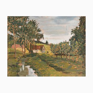 French School Artist, Farm with Stream, Oil on Panel, Mid-20th Century