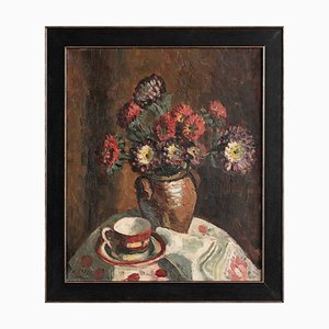 Hans Keller, Nature Morte avec Fleurs et Tasse de Thé, Début du 20e Siècle, Huile sur Toile