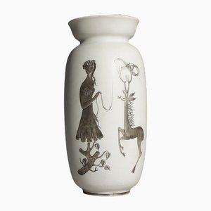 Vase aus Faienze mit Dekoration in Silber von Stig Lindberg für Gustavsberg, 1950er