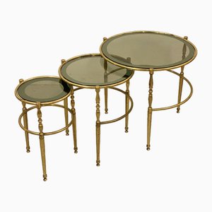 Small Round Nesting Tables in Brass Frame & Glass Tops with Mirrored Border, 1970s, Set of 3