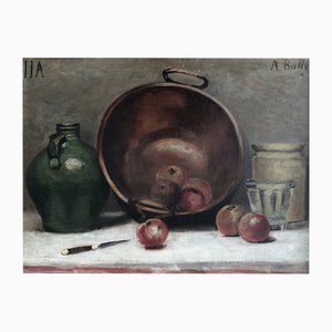 A. Bally, Nature morte au cuivre, poterie et pommes, Oleo sobre cartón, Enmarcado