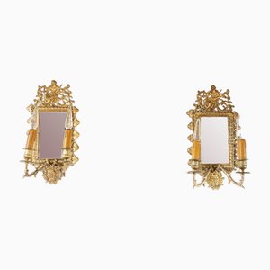 19th Century French Wall Lights with Mirror, Set of 2