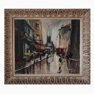 Bernard Lignon, Rue de marché animée par jour de pluie, Olio su tela, Con cornice