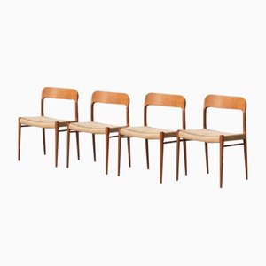 Model 75 Dining Chairs in Teak and Papercord by Niels Otto Møller from J.L. Møllers, Denmark, 1960s, Set of 4
