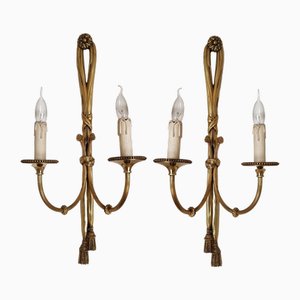 Large 19th Century French Gilt Bronze Knot, Tassel & Ribbon Wall Lights Sconces, Set of 2