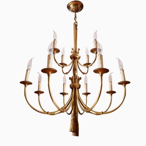 Lámpara de araña Luis XVI de 12 luces con borlas en bronce dorado