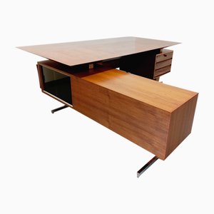 Large Vintage Scandinavian Style Executive Corner Desk in Teak, Chromed Metal, Smoked Glass and Stone from Voko, 1970s