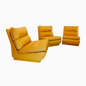 Sedie vintage in pelle giallo senape di Roche Bobois, anni '70, set di 3