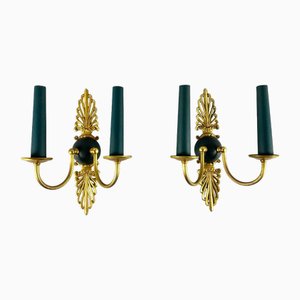 Vintage Green & Gold Brass Wall Lamps, Set of 2