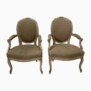 19th Century Louis XVI French Upholstered Armchairs, Set of 2