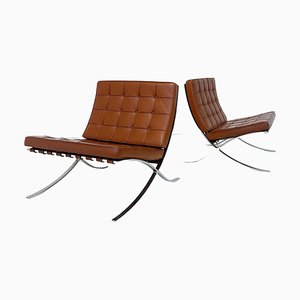Set of Brown Leather Barcelona Chairs by Mies Van Der Rohe for Knoll, 1970