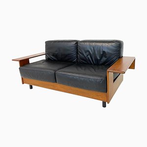 Mid-Century Modern Italian Sofa in Black Leather and Wood, 1960s