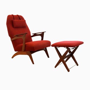 Red Armchair with Footstool, Set of 2