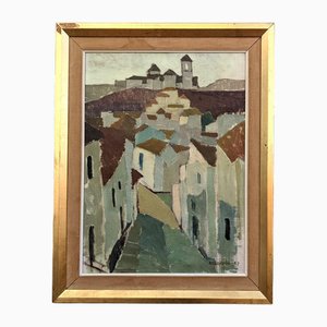 Modernist Town, 1950s, Oil on Canvas, Framed