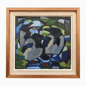 Swedish Artist, Magpies, 1950s, Oil on Board, Framed
