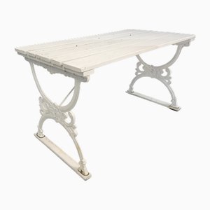 Antique Garden Table in Painted Cast Iron with Wooden Top