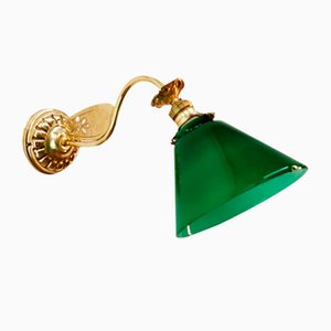 Antique Brass Wall Light with Decoration and Green Glass
