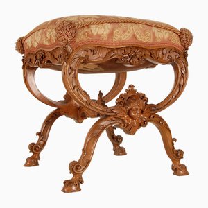 Victorian French Putto X Frame Carved Walnut Footstool