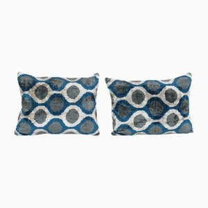 Ethnic Decorative Muted Blue Dot Velvet Ikat Lumbar Cushion Covers, Set of 2