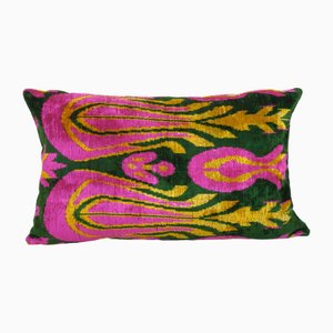 Housse de Coussin Ikat Lombaire Velours Rose Vif et Vert Foncé avec Motif Tulipe