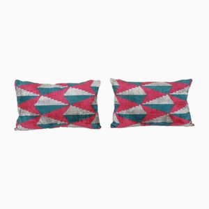 Pink Velvet Lumbar Ikat Cushion Covers, Set of 2