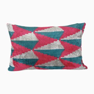 Ethnic Decorative Oblong Pink Velvet Lumbar Ikat Cushion Cover