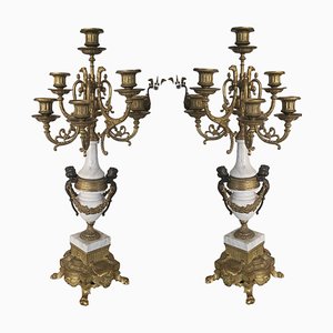 Candeleros antiguos de mármol y bronce dorado, Francia, siglo XIX. Juego de 2