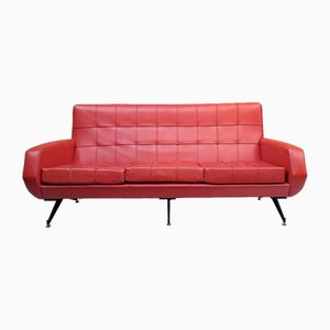 Three-Seater Sofa in Red Skai with Adjustable Brass Feet, 1950s