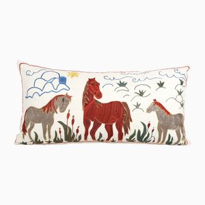 Vintage White Cotton Horse Family Samarkand Suzani Cushion Cover