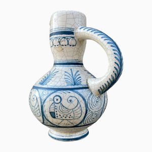 Jarrón Mid-Century de cerámica blanca y azul, años 70