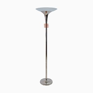 French Art Deco Funnel-Shaped Floor Lamp in Chrome with Orange Glass Rings, 1930s