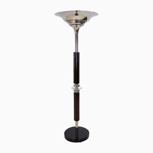 French Art Deco Mahogany and Chrome Floor Lamp with Channelled Stem, 1930s