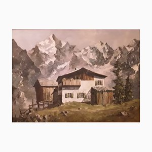 H Roegner, Berghütte mit Alpenpanorama, 1946, Großes Öl auf Leinwand, Gerahmt