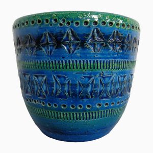 Blauer italienischer Rimini Keramik Übertopf von Aldo Londi für Bitossi, 1960er