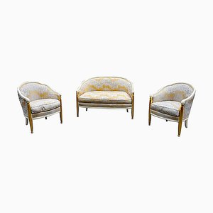 Art Deco Armchairs & 2-Seat Bench in Gilt & Wood Relacquered, 1930s, Set of 3