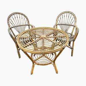 Rattan Armchairs & Table, 1960s, Set of 3