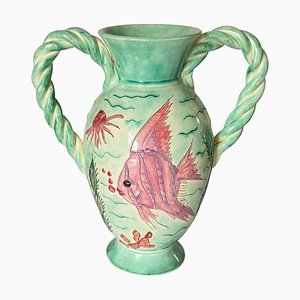 Large Pink and Green Painted Ceramic Vase from Vallauris, France, 1970