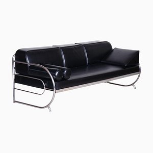 Bauhaus Black Leather and Tubular Chrome Sofa by Robert Slezák, 1930s