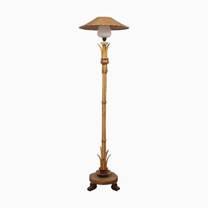 Lámpara de pie vintage alta de bambú y ratán, años 70