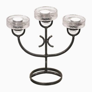 Candelabro sueco vintage de hierro con tres brazos con inserciones de vidrio, años 70