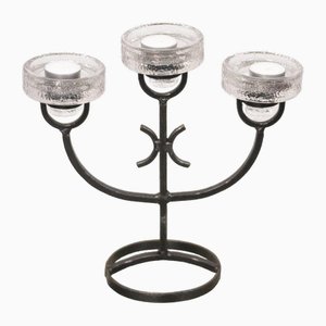 Vintage Swedish Iron 3-Arm Candelabra with Glass Inserts, 1970s