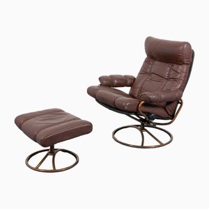 Skandinavischer Vintage Relax Sessel mit Fußhocker aus Braunem Leder, 2 . Set