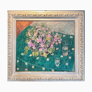 Maya Kopitzeva, Violets on a Green Tablecloth, Oil