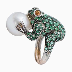 Emeralds, Yellow Sapphires, Pearl, Rose Gold & Silver Frog Shape Ring