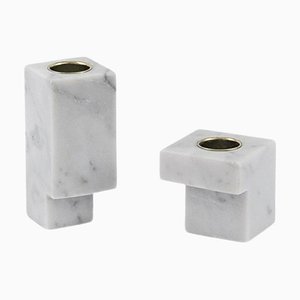 Handmade Squared Candleholders in White Carrara Marble and Brass from Fiam, Set of 2