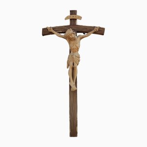 Crucified Jesus on the Cross Hand Carved Wooden Altar Sign, 1960s
