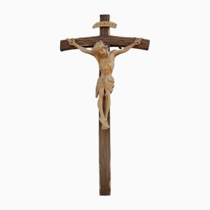 Gekreuzigter Jesus am Kreuz Handgeschnitztes Holz Altarschild, 1960er